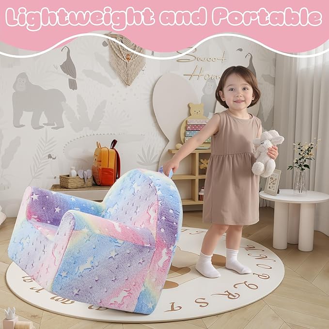 MeMoreCool Comfy Toddler Chair for 1-3 Years Old, Glow Unicorn Kids Reading Chair, Soft Plush Toddler Armchair, Cozy Foam Lounge Kids Armchair for Baby Room, Living Room, Playroom, Reading Nook