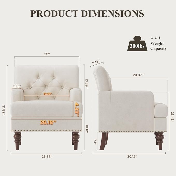 Upholstered Accent Chair with Thick Cushion, High Back Reading Chair, Linen Blend Armchair with Solid Rubberwood Legs for Living Room, Bedroom, Reading, Apartment & Small Spaces,Beige,Set of 2
