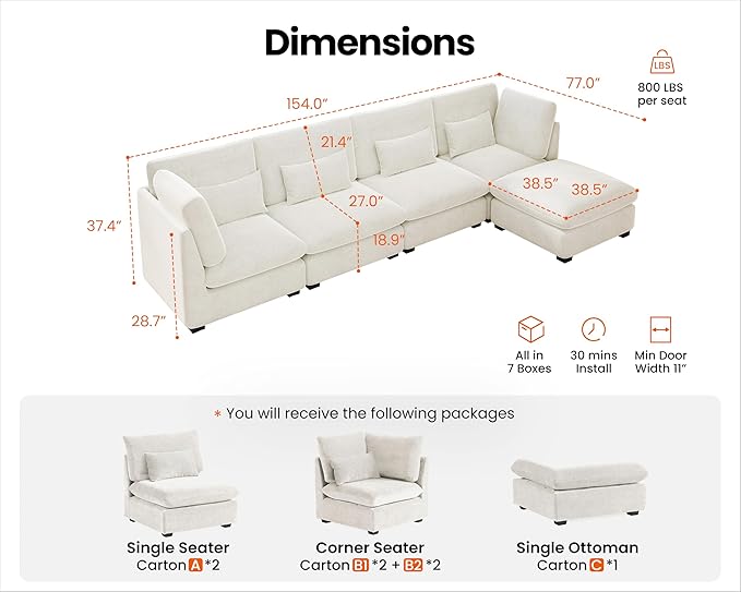 Oversized Modular Sofa, Extra Deep Cloud Chenille Sectional Couch with Ottoman Chaise, Fluffy Chenille 5 Seater Sofa Bed for Living Room, Villa (L Shape 5 Seater, Chenille White)