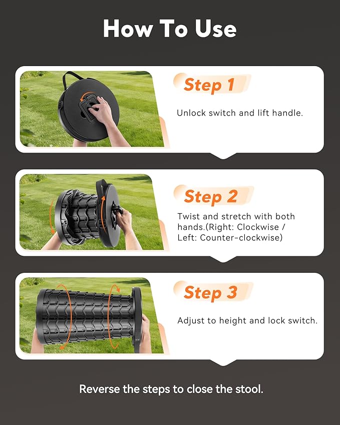 Portable Heavy Duty Collapsible Stool - Wide Seat, Extra Tall & Height Adjustable Stool - Retractable Folding Chair for Camping, Fishing, Hunting & Outdoor Use