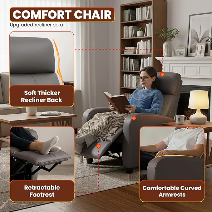 BestMassage | Recliner Chair | No Massage Function | Pu Grey | with Lumbar Support, Adjustable Push Back, Wide Armrests, Footrest & Padded Seat | Easy Assembly | for Living Room, Home Theatre