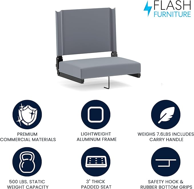 Flash Furniture Grandstand Portable Stadium Seat for Bleachers or Benches, Folding Padded Stadium Chair with Carrying Handle, 500 lb. Weight Capacity, Gray