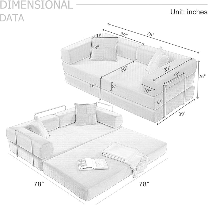 HANXIN Convertible Sleeper Sofa Bed, 78 Inch Folding Floor Mattress Couch with Fixed-Shape Frame, Futon Boneless Couch Lounge Loveseat with Pull Out Bed, No Assembly Required