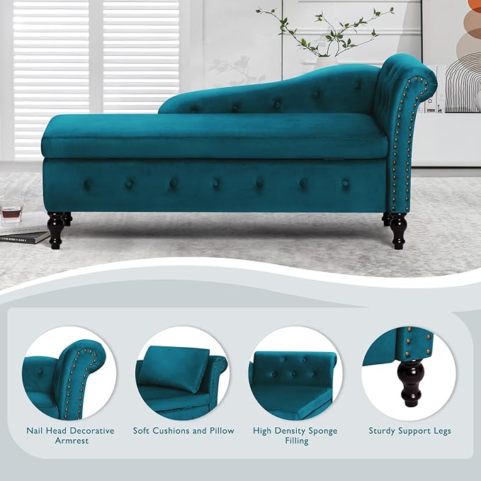 ACMEASE Upholstered Chaise Lounge with Right Armrest & Lumbar Pillow,Button Tufted Lounge Sofa with Storage,Lounge Chair Indoor,Modern Velvet Lounge Chair for Bedroom, Living Room and Office,Teal