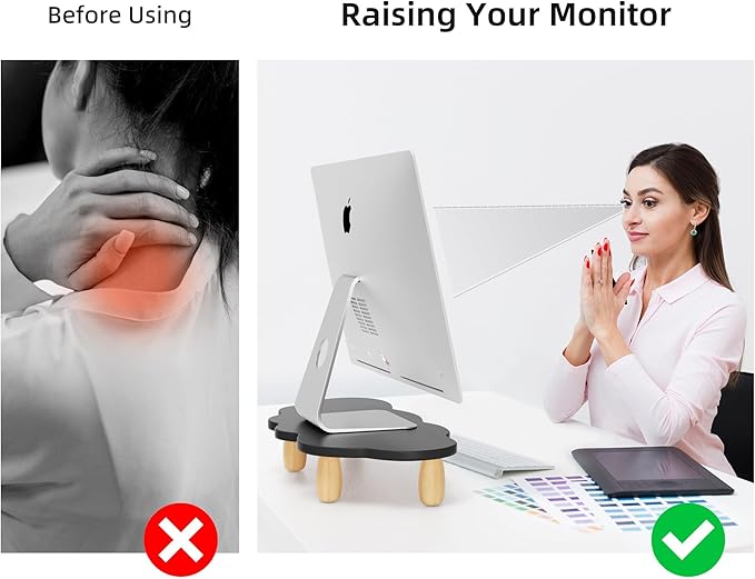 AFOOYO Cloud-Shaped Sturdy Wood Monitor Stand Riser, Multi-Purpose Desktop Organizer for Computer, Laptop, Printer, TV - Black