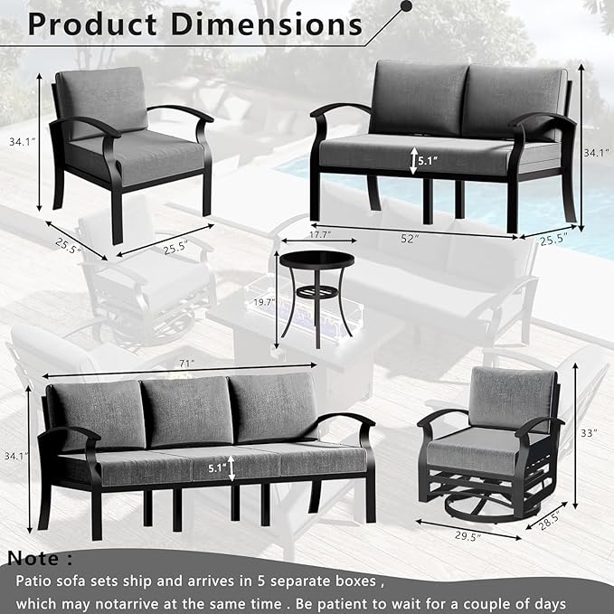 RTDTD Aluminum Outdoor Patio Furniture Set,4 Pieces 7 Seats Patio Conversation Sets with 45" Propane Fire Pit Table,Metal Patio Sectional Furniture Set w/5.1" Cushions for Porch,Deck,Backyard,Grey
