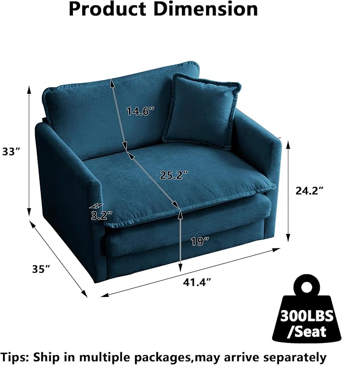Aoowow Single Deep Seat Sofa Comfy Chenille Couch,Modern Upholstered Accent Armchair with Pillow for Living Room Bedroom Apartment(Blue)