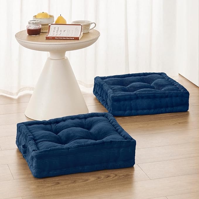Wellsin Square Floor Pillows for Adults Kids - Meditation Floor Pillow Seating Cushion - Tufted Floor Cushion with Shredded Foam & Velvet Cover, 1 Pack, 20x20 Inch, Dark Blue