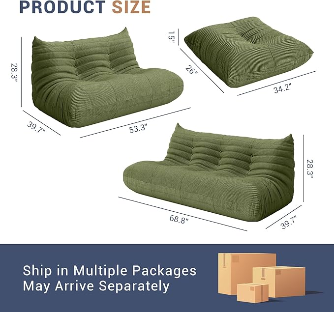 Bean Bag Chair for Adults, Fireside Chair Lazy Floor Sofa, Modern Corduroy Fabric Caterpillar Sofa Couch, Armless Foam Lounger Tatami Recliner Bean Bag Couch for Living Room Bedroom Dorm Office