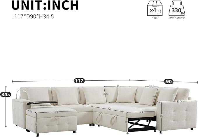 Furnimart Oversized Modular Sectional Pull-Out Sofa with Flip-up Table Panel, Reading Lamp, Charging Ports, Movable Storage Ottoman, Tufted Design, 6 Pillows, Free Combination, Chenille Beige
