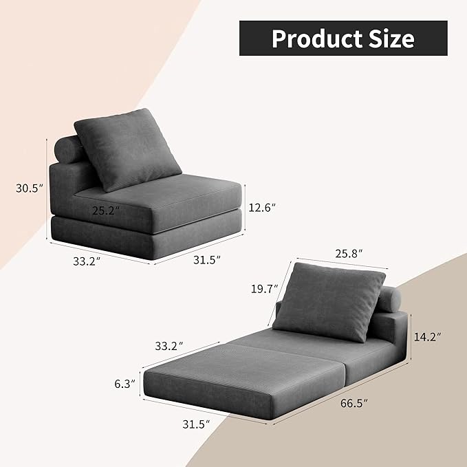 Folding Sofa Bed – Convertible Sleeper Chair Bed with Pillows/Single Floor Couch/Small Futon Couch Filled with High-Density Foam for Lounge, Guest Room or Office (Gray)