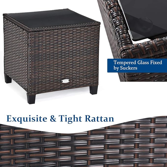 Tangkula 3 Pieces Patio Furniture Set, PE Rattan Wicker 3 Pcs Outdoor Sofa Set w/Washable Cushion and Tempered Glass Tabletop, Conversation Furniture for Garden Poolside Balcony (Blue)