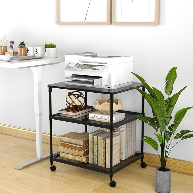 Giantex Printer Stand, 3-Tier Industrial Printer Cart with Lockable Wheels, Adjustable Shelves, Metal Frame, Mobile Under Desk Shelf for Home Office, Printer Table Fit Fax Machine, Scanner (Black)