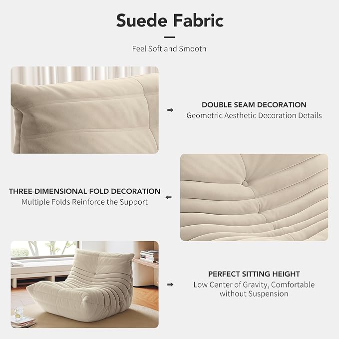 cebihy High-end Uncompressed Fireside Togo Chair, Bean Bag Chair, Foam Floor Sofa, Soft Lazy Lounge Sofa Couch, Armless Suede Fabric Cover Beanbag Accent Chairs for Living Room Bedroom Dorm Office