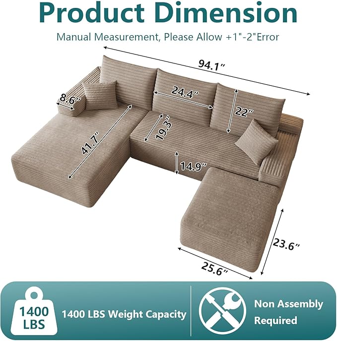 95" U-Shape Cloud Couch, Modern Modular Sectional L-Shape Sofa with Ottoman, Corduroy Upholstered Couches Deep Seat Sleeper Chaise Longue for Living Room, No Assembly Required(Camel, Left Facing)