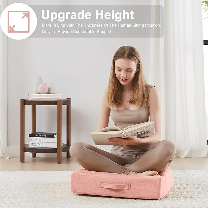 JKMAX 2 Pcs High Density Foam Floor Pillow - Upgraded Large Pillows Seating for Adults - Outdoor Floor Cushion with Soft Tufted Cover - Yoga Pillows for Sitting On Floor - 22 Inch Pink