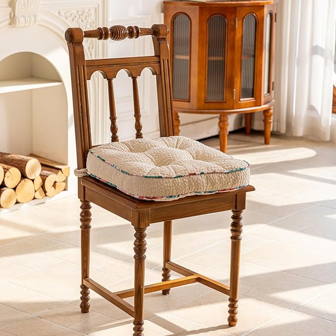 Soft Comfort Chair Pads with 3D Dots Pattern Jacquard Warm Square Chair Cushion with Ties Thicken Non-Slip Floor Pillow Fluffy Seat Cushion for Office Dining Kitchen (White,15"x15")