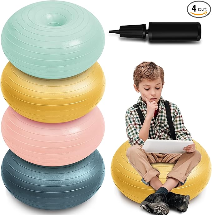 Lewtemi 4 Pcs Flexible Seating for Classroom Elementary 20 Inch Yoga Ball Chair Inflatable Donut Ball Chair with Inflator for Kids Student Sensory Balance Office Exercise