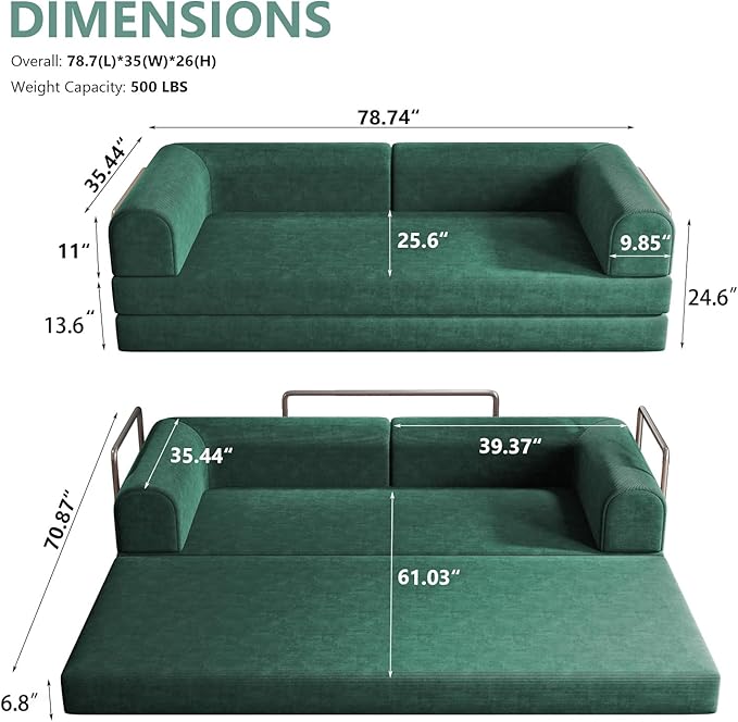 Convertible Sleeper Sofa Bed Boneless Cloud Comfort Green Futon Couch for Lounging & Sleeping, Removable & Washable Corduroy Sofa Cover, Floor Sofa Folding Mattress for Guests, Small Space