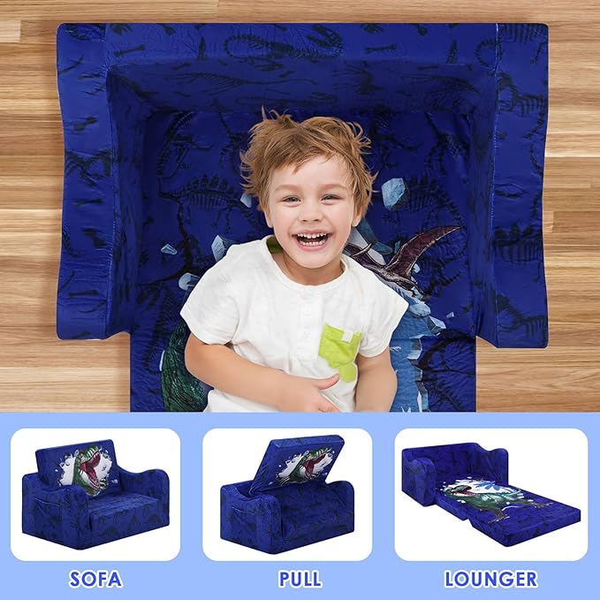 alldomess Comfy Kids Couch, 2-in-1 Folding Kids Sofa Bed for Toddler Boys, Convertible Sofa to Lounger Toddler Couch Chair for Baby Bedroom Playroom Nursery,Roaring Dinosaur
