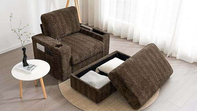 Indoor Chaise Lounge with Storage Ottoman, Armrests, and Cup Holders, Oversized Sleeper Chair for Living Room and Bedroom, 4 Colors