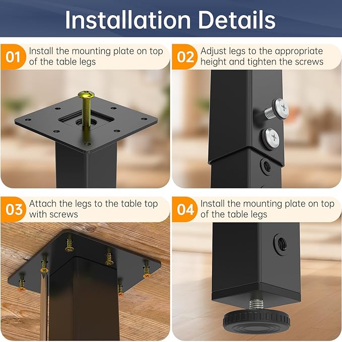 POROHOM 4PCS Adjustable Square Table Leg (24-40inch)，Metal Desk Legs, Home Office DIY Furniture Leg Set for Tables, DIY desks, Counter Tops, Kitchen Tables,Office Desk (Black)