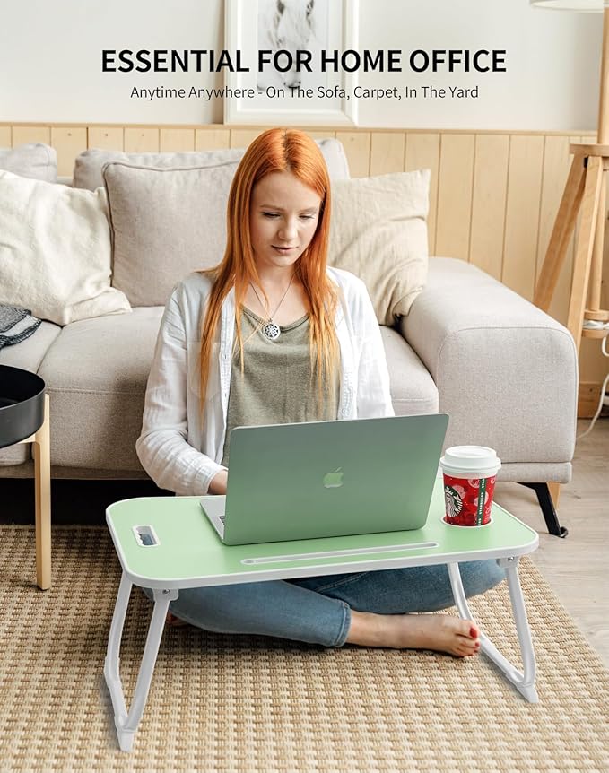 ZEAPTAC Laptop Bed Desk, Foldable Lap Desk, Portable Lap Table, Laptop Stand with Cup Holder & Tablet Slot & Lifting Handle for Working Writing Drawing & Eating - Green