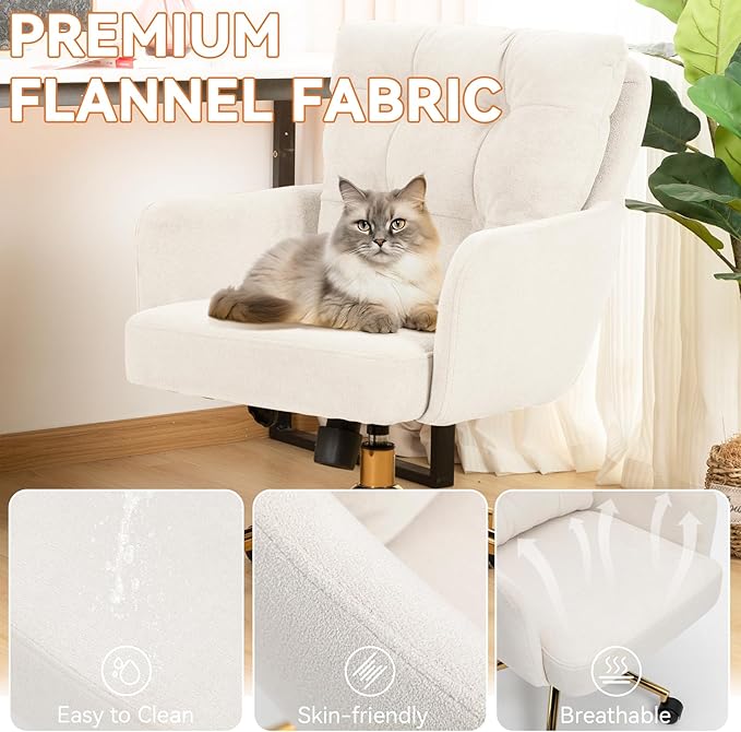 BALIAA Flannel Office Chair Vanity Chair Comfy Home Office Desk Chairs with Lumbar Support, Modern Plush Fabric Desk Gold Legs Swivel Task for Home Office Bedroom Study White Upgraded Version