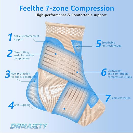 DRNAIETY 2 Pack Copper Ankle Brace for Men & Women - Adjustable Ankle Support Compression Sleeve, for Plantar Fasciitis, Achilles Tendonitis, Foot Pain, Swelling - Everyday Use(Skin Tone,L)
