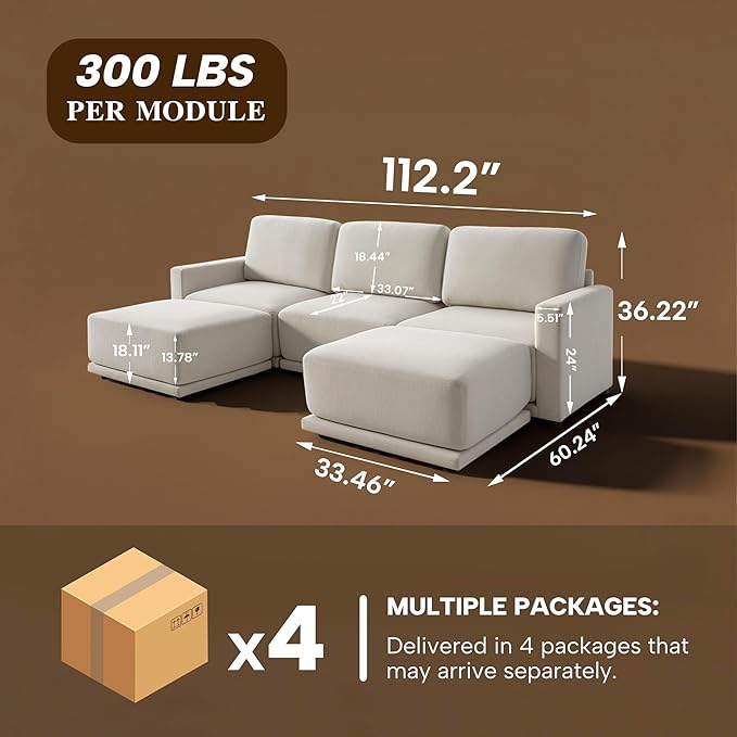 CAPCAPA 112" Modular Sectional Couches for Living Room, U-Shaped Modern Sofa with Ottomans, 5-Piece Chenille Sofa Set for Home Furniture, Beige