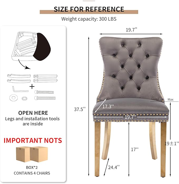 YeahFurn Mid Century Modern Dining Chairs Set of 4, Grey Velvet Upholstered Tufted Back, Kitchen & Dining Room Chairs, Gold Metal Legs, Nailhead Trim, Sillas para Comedor (Gray, 4 Pcs)
