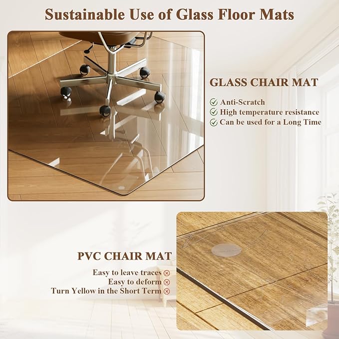 VETROUVE Tempered Glass Floor Mat 36" x 46" Chair Mat for Carpet or Hard Floor with 4 Anti-Slip Pads, 1/5" Thick