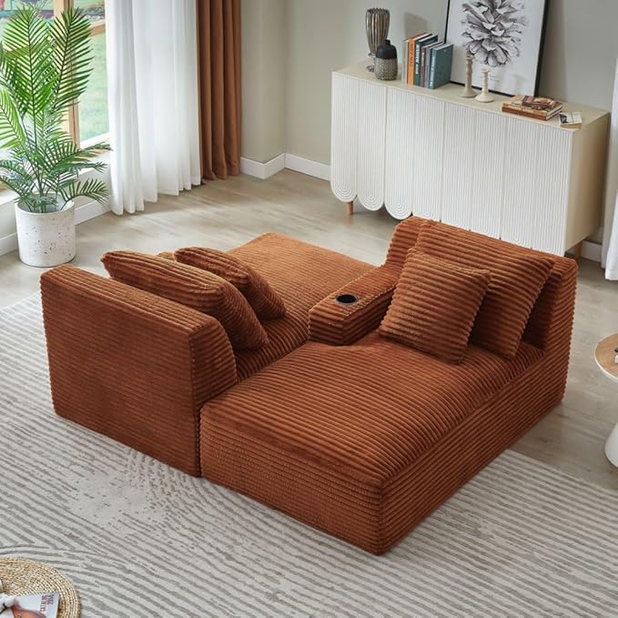 71" Oversized Double Chaise Lounge Sofa Indoor Boneless Sleeper Daybed, Fluffy Corduroy Upholstered Compressed Cloud Couch Loveseat Sofabed, Floor Chair w/Cupholders, Side Pockets for Living Room