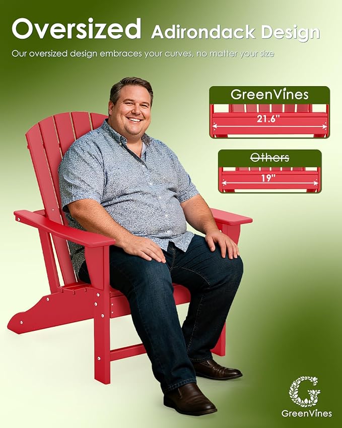GREENVINES Adirondack Chair | HDPE Plastic | Oversized Fire Pit Chairs | All Weather | Red | Poly Lumber | for Outdoor Deck Backyard Patio Garden