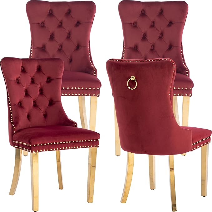 YeahFurn Mid Century Modern Dining Chairs Set of 4, Red Velvet Upholstered Tufted Back, Kitchen & Dining Room Chairs, Gold Metal Legs, Nailhead Trim, Sillas para Comedor (Red, 4 Pcs)