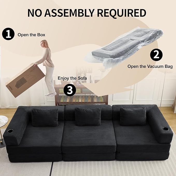 118" Oversized Convertible Floor Sofa Bed, Boneless Foldable Mattress Cloud Couch with Pillow Back & Armrest, Fold Out Floor Couch with Cup Holder for Living Room Bedroom Lounge, Corduroy, Black