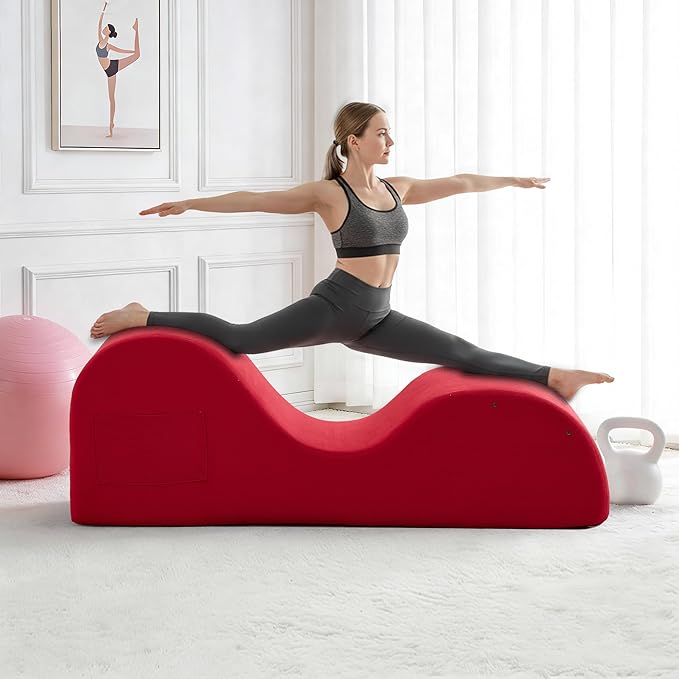 DRMBOOK Yoga Chairs for Adults, Corduroy Fabric Chaise Lounge with Headrest, Boneless Yoga Sofa Couch with Waist Cushion, Movable Footrest, Side Pockets for Relaxation Exercise Stretching (Red)