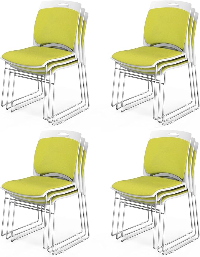 VINGLI Stackable Chairs Set of 12, Stacking Office Chairs with Metal Sled Base, Ergonomic Plastic Padded Seat & Back, Capacity 350lbs, Stacking Chairs for Waiting Room Break Room Banquet Guest, Green