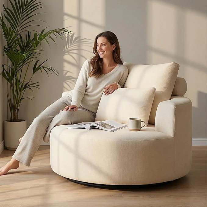 Furnimart 40" Oversized Barrel Accent Chair Set of 2, 360° Swivel Round Upholstered Sofa, Chenille High-Resilience Sponge, No Assembly, Wide Seat for Living Room, Bedroom, Apartment (Beige)