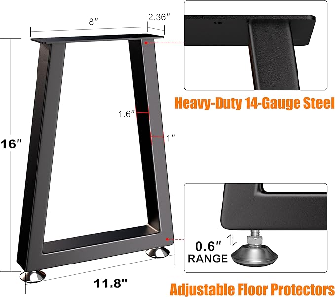 CHICAURA 16 Inch Metal Bench Legs (Set of 2), Heavy Duty Steel Coffee Table Legs, Modern Industrial Trapezoid Frame for Easy DIY Projects, Supports 500lbs (16" H x 12" W, Black)