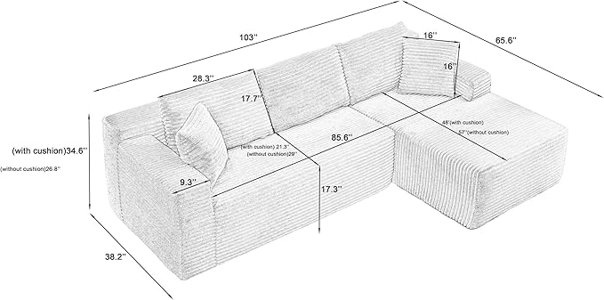 Vanress Cloud Couch Sectional, Corduroy Boneless Couch with L-Shape Chaise, Modern Modular Sectional Sofa Comfy Deep Seat for Living Room, Bedroom, No Assembly (Green, Right Facing Chaise)