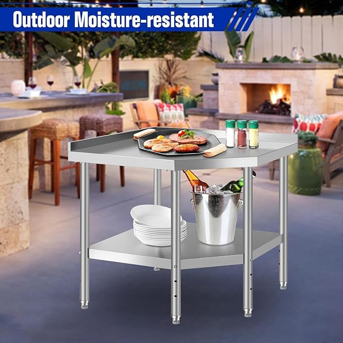 Commercial Stainless Steel Corner Work Table – NSF Approved with Splash Guard & Adjustable Shelf, Heavy Duty Kitchen Prep Bench for Restaurant & Home Use, Silver