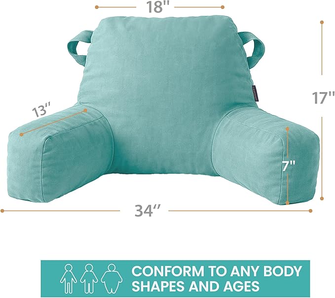 Unisakey Portable Comfy Reading Pillows for Bed Sitting Up(Lake Blue Oeko-Tex), Velvet Back Pillow with Arms & Pockets for Adults, Support Memory Foam Bed Pillow for Dorm/Reading/Watching/Gaming