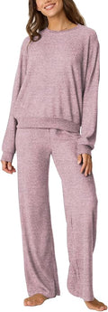 Aamikast Women's 2-Piece Lounge Set Soft Brushed Jersey Sleepwear Pajamas Set Long Sleeve Top & Wide Leg Pants