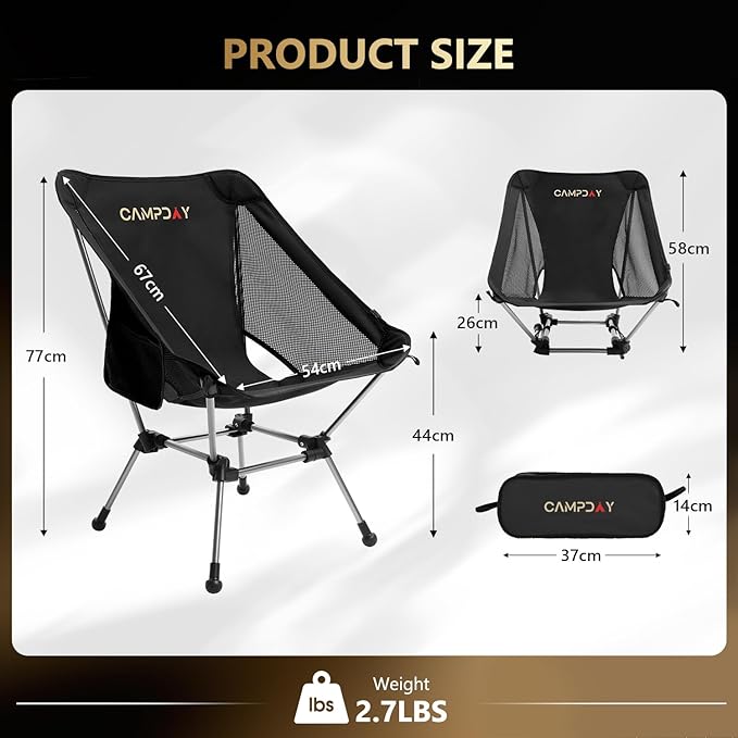 Campday Camping Chair Portable Hiking Ultralight Backpacking Small Lightweight Folding Chair for Outdoor Camp Hunting Beach Picnic Concert, Supports 330lbs (Black,1PCS)