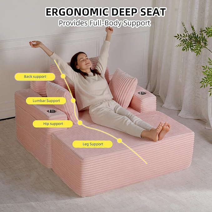 54" W Oversized Chaise Lounge Chair Indoor, Boneless Chaise Lounge Couch, Convertible Comfy Reading Chairs, Corduroy Sleeper Chair Couches for Living Room, Compression Sofa with Ottoman, Pink