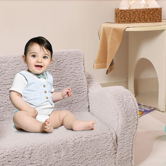 Kids Sofa, 2-in-1 Flip-Out Foam Couch with Soft Sherpa Cover, Cozy Play Lounge Chair, Grey