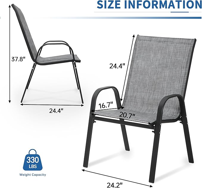 PIZZELLO Patio Chairs Set of 4 - Outdoor Stackable Dining Chairs for All Weather - Breathable Textilene Outdoor Chair Sets with Curved Armrests - 300Lbs Capacity - for Lawn Backyard Garden (Grey)