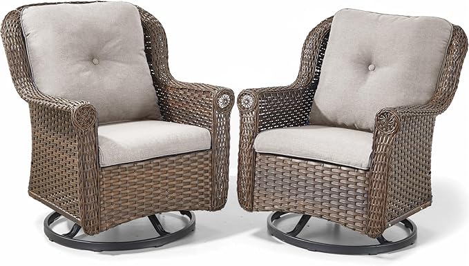 ACTREST Patio Chairs Outdoor Swivel Glider - Set of 2 High Back Outside Brown Wicker Rattan Rocking Chair with Thick Cushion for Porch Apartment Deck Yard Poolside Garden - Beige
