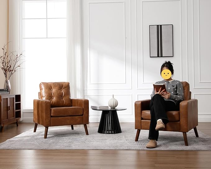 VESCASA Tufted Accent Arm Chairs with Wood Legs, Faux PU Leather Comfy Upholstered Single Sofa, Mid Century Modern Side Club Leisure Chairs for Reading/Living Room/Bedroom, Set of 2, Caramel